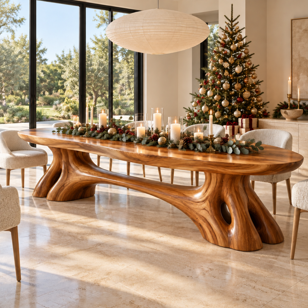 Haven Root Bridge Dining Table styled for the holidays