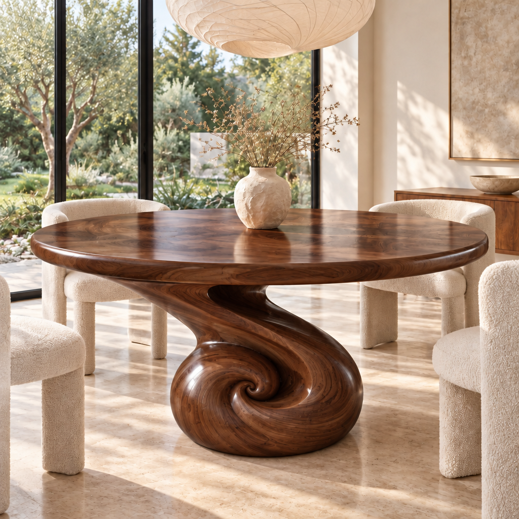 Haven Nautilus Round Dining Table in Dark Walnut finish