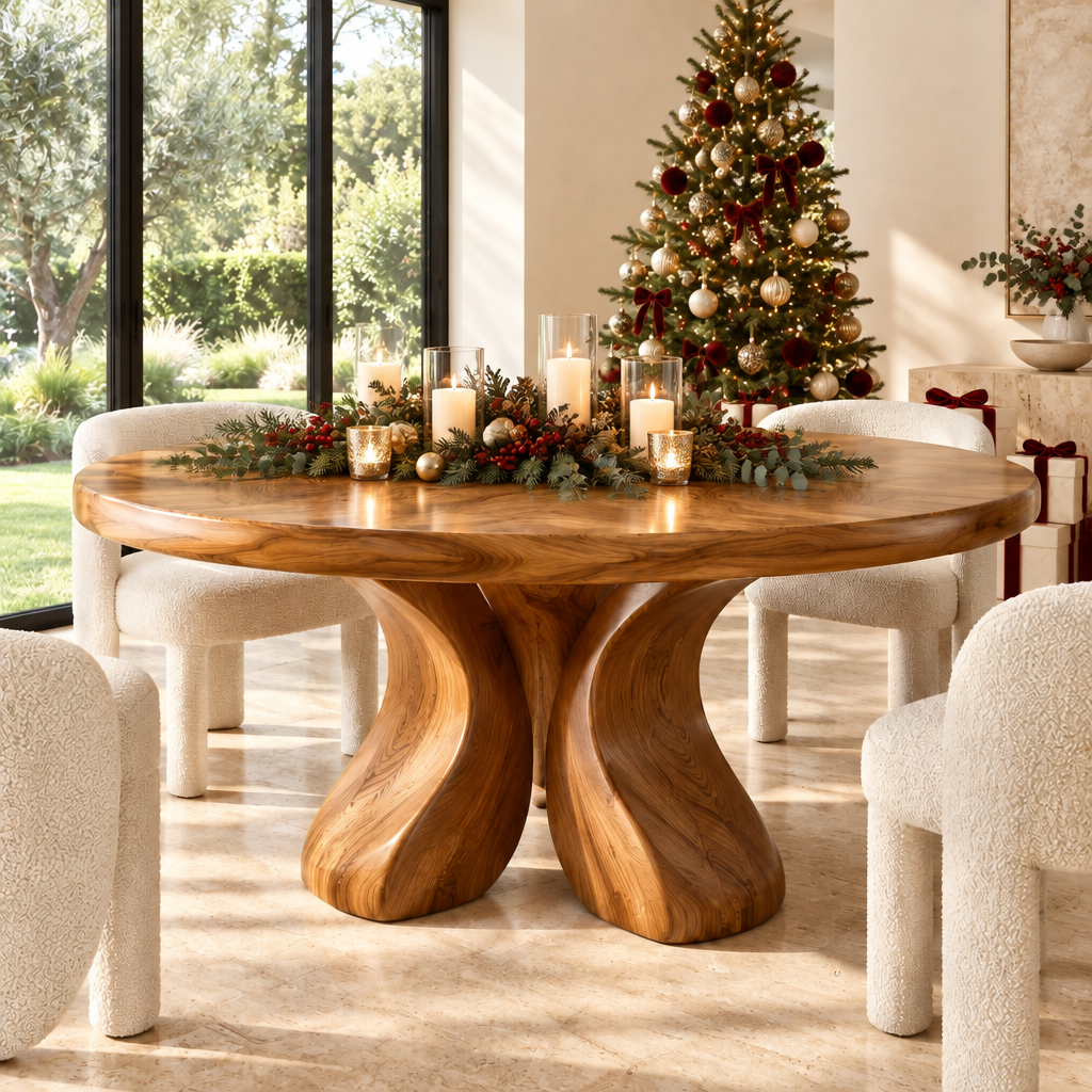 Haven Petal Round Dining Table styled for the holidays