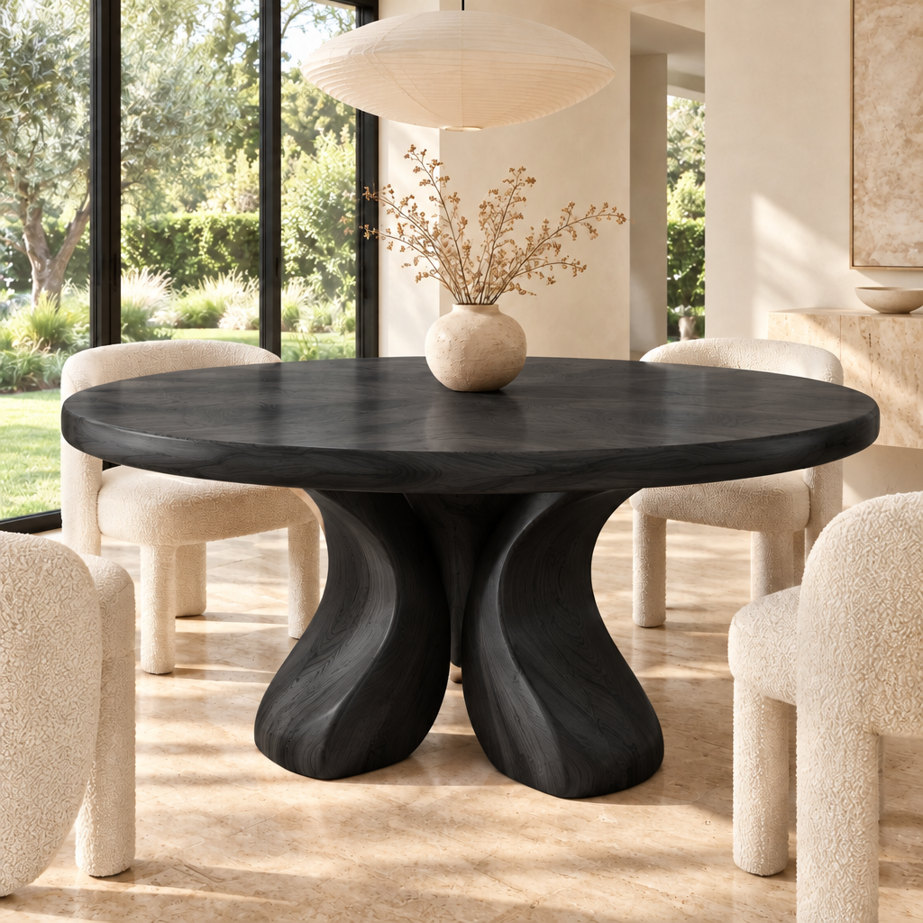 Haven Petal Round Dining Table in Ebonized Black finish