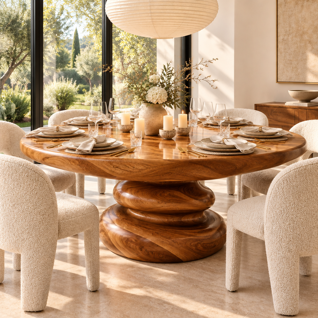 Haven Ripple Ring Round Dining Table set for dinner