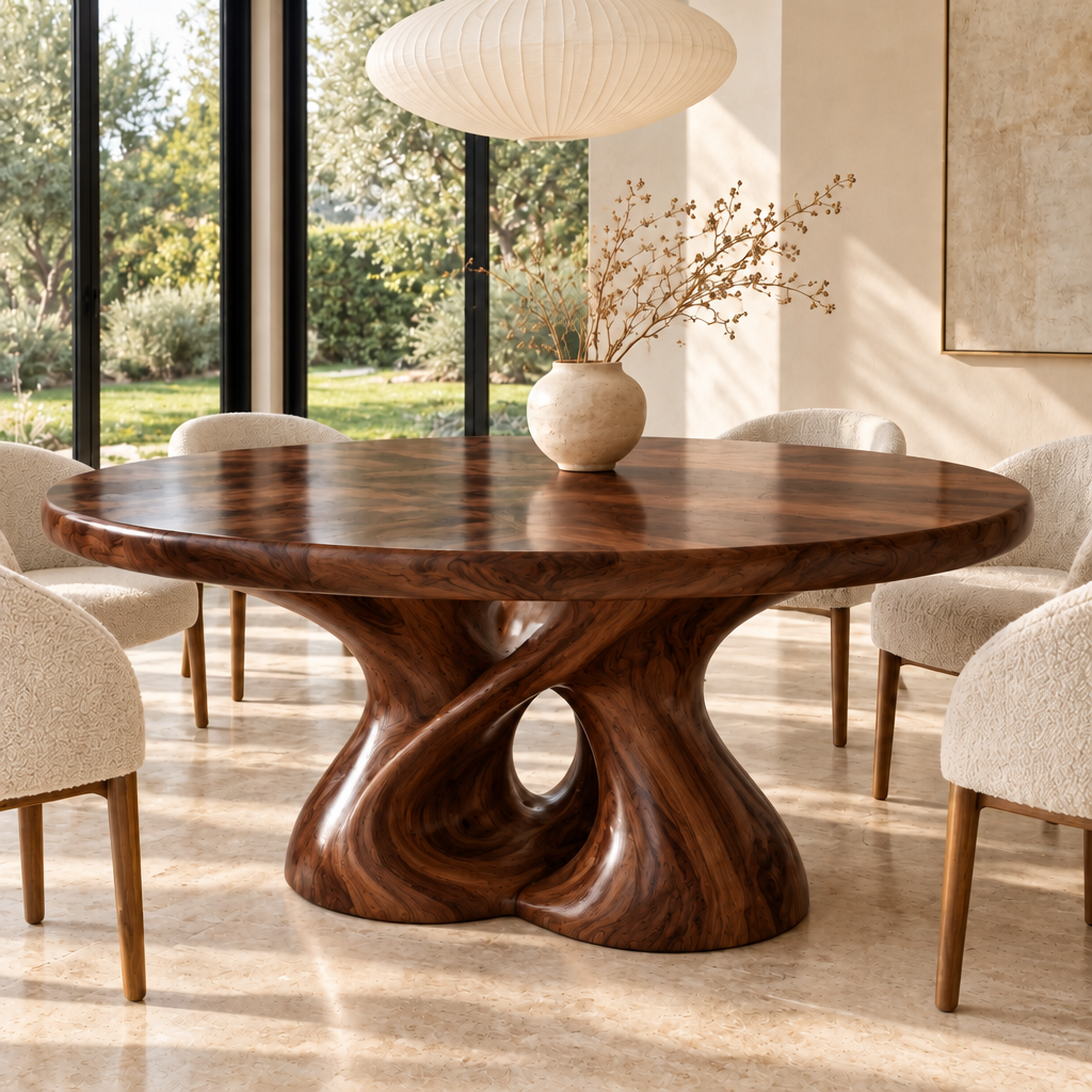 Haven Hourglass Twin Round Dining Table in Dark Walnut finish