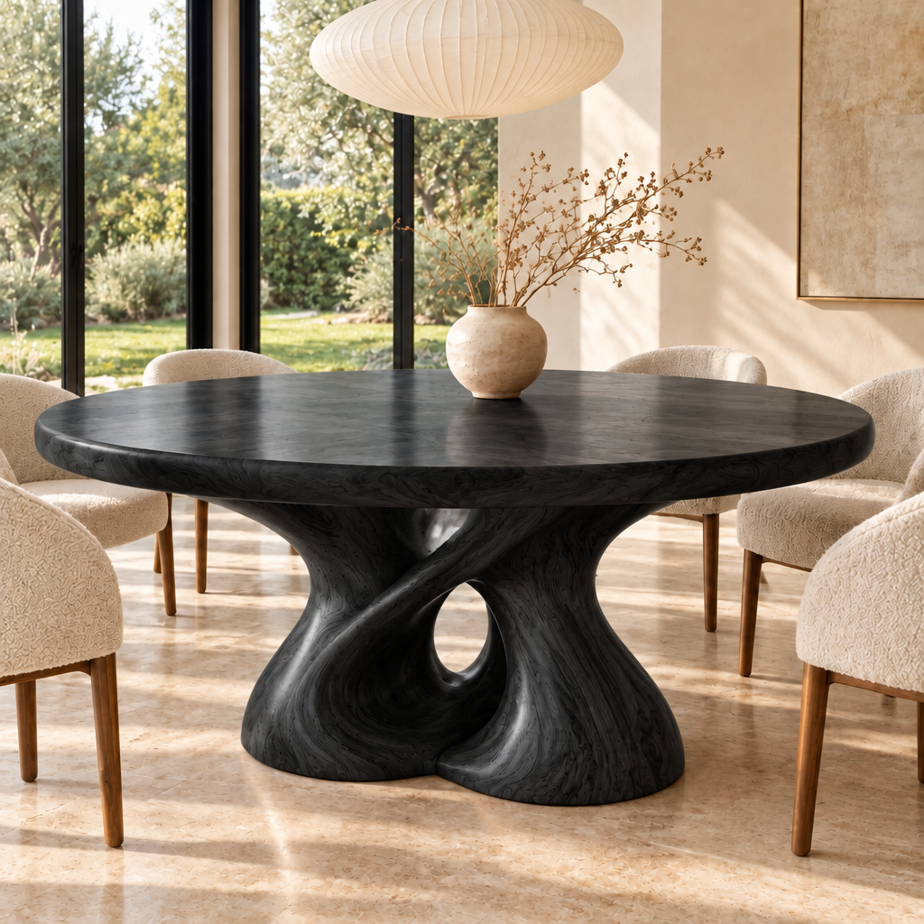 Haven Hourglass Twin Round Dining Table in Ebonized Black finish