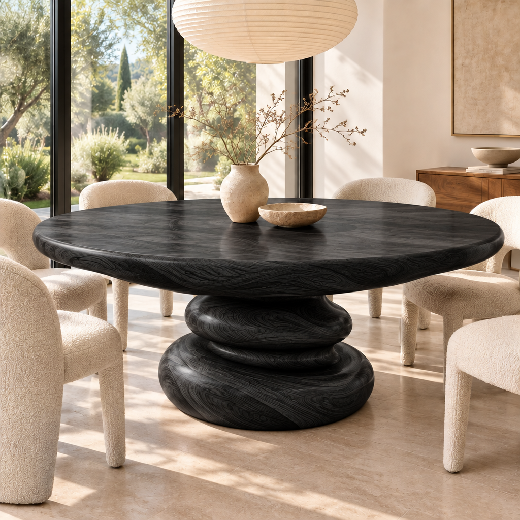 Haven Ripple Ring Round Dining Table in Ebonized Black finish