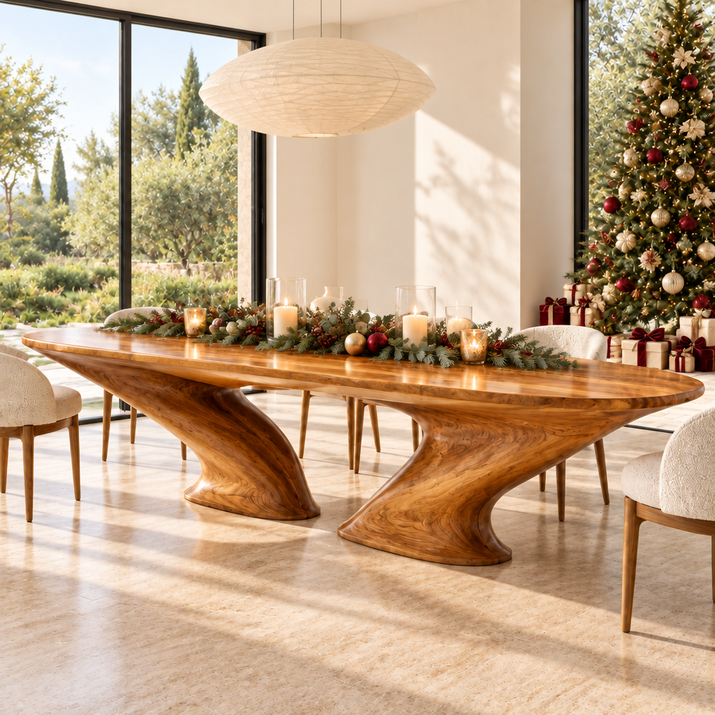 Haven Swallowtail Dining Table styled for the holidays