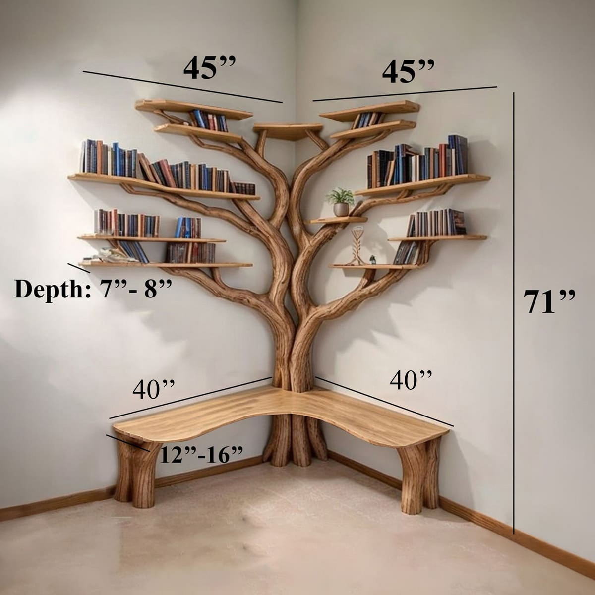 Corner Reading Nook Branch Shelves with Optional L-Shaped Bench Seat