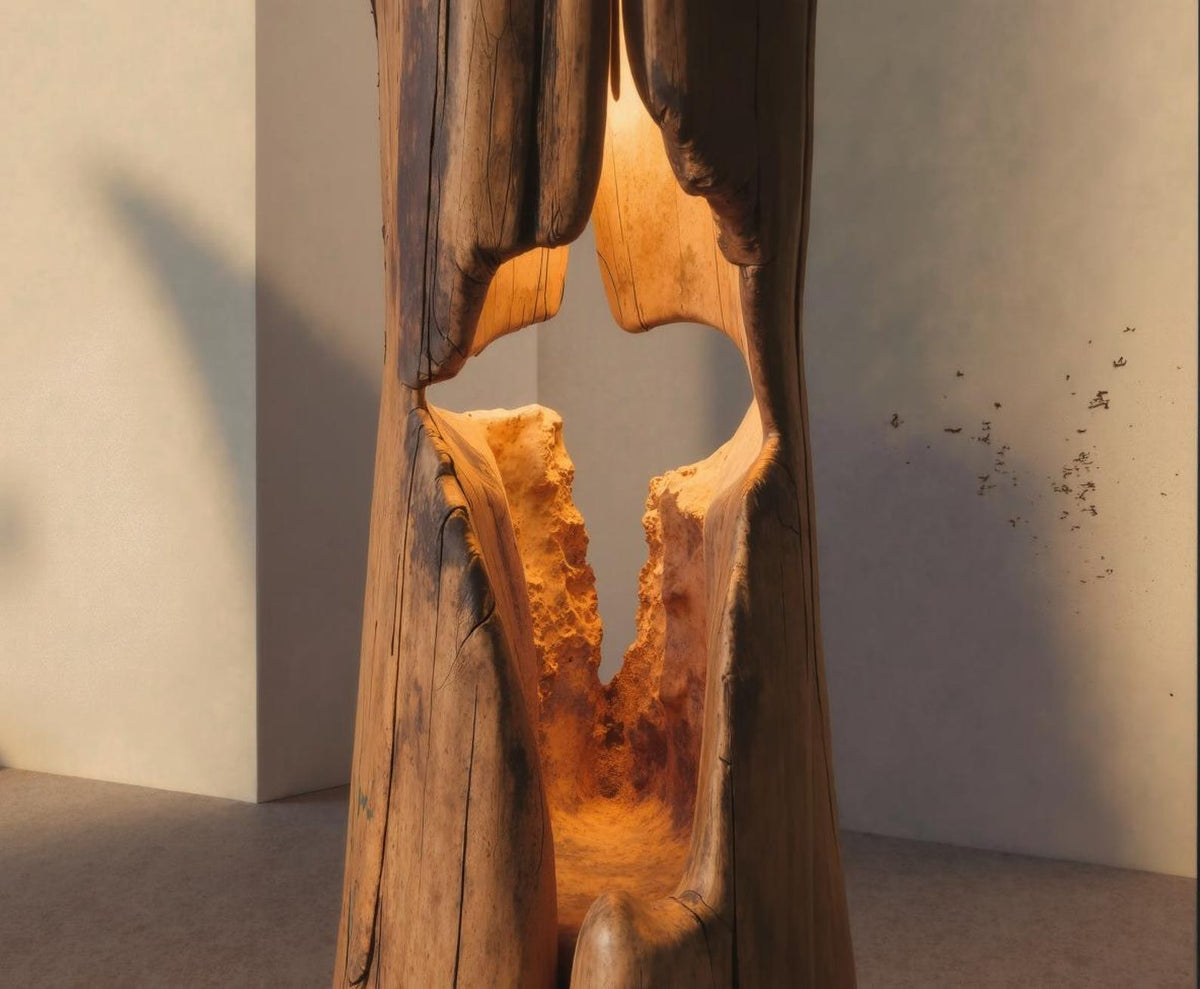 Rustic Hollowed Log Wooden Floor Lamp for Living Room and Bedroom