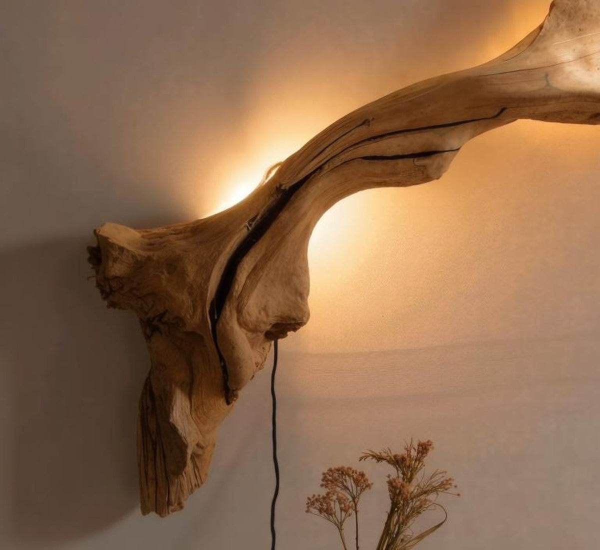 Driftwood Wall Lamp with Fabric Shade, Wide 39 to 59 Inch Fixture