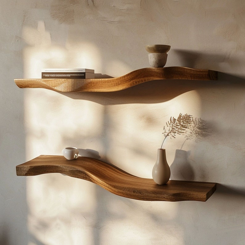 Wavy Floating Shelves, Live Edge Rustic Wall Shelf for Bedroom