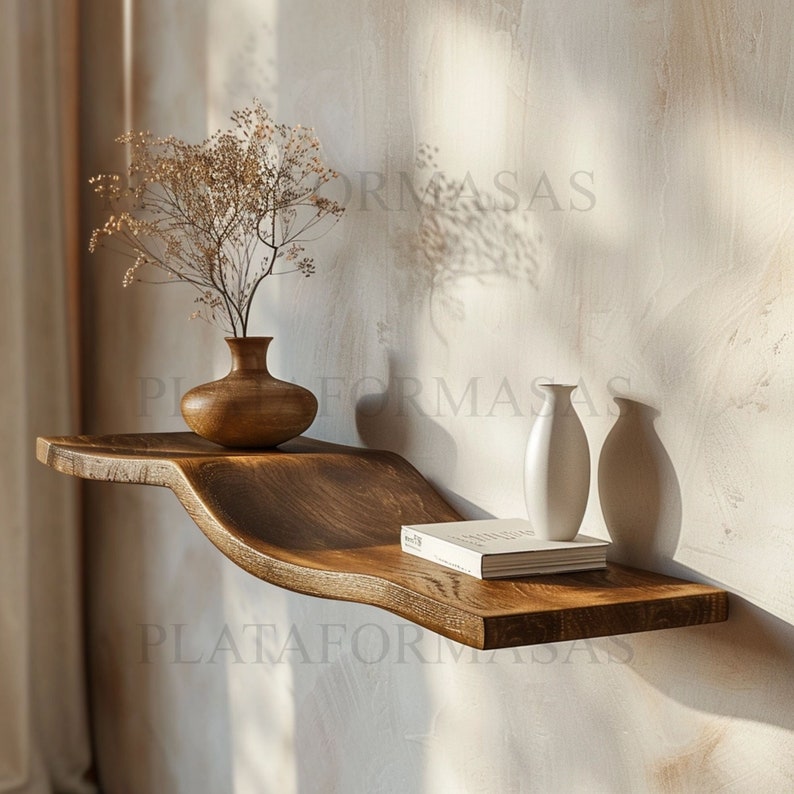 Wavy Floating Shelves, Live Edge Rustic Wall Shelf for Bedroom
