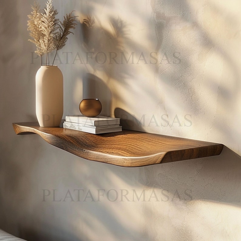 Wavy Floating Shelves, Live Edge Rustic Wall Shelf for Bedroom