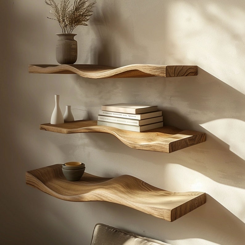 Wavy Floating Shelves, Live Edge Rustic Wall Shelf for Bedroom