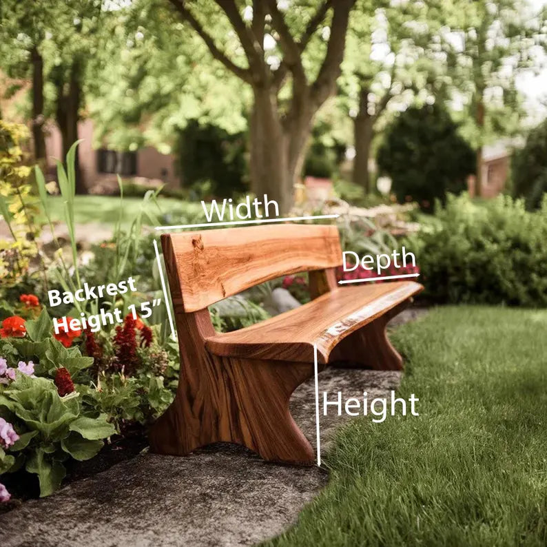 Rustic Live Edge Solid Wood Bench with Backrest for Hallway or Patio