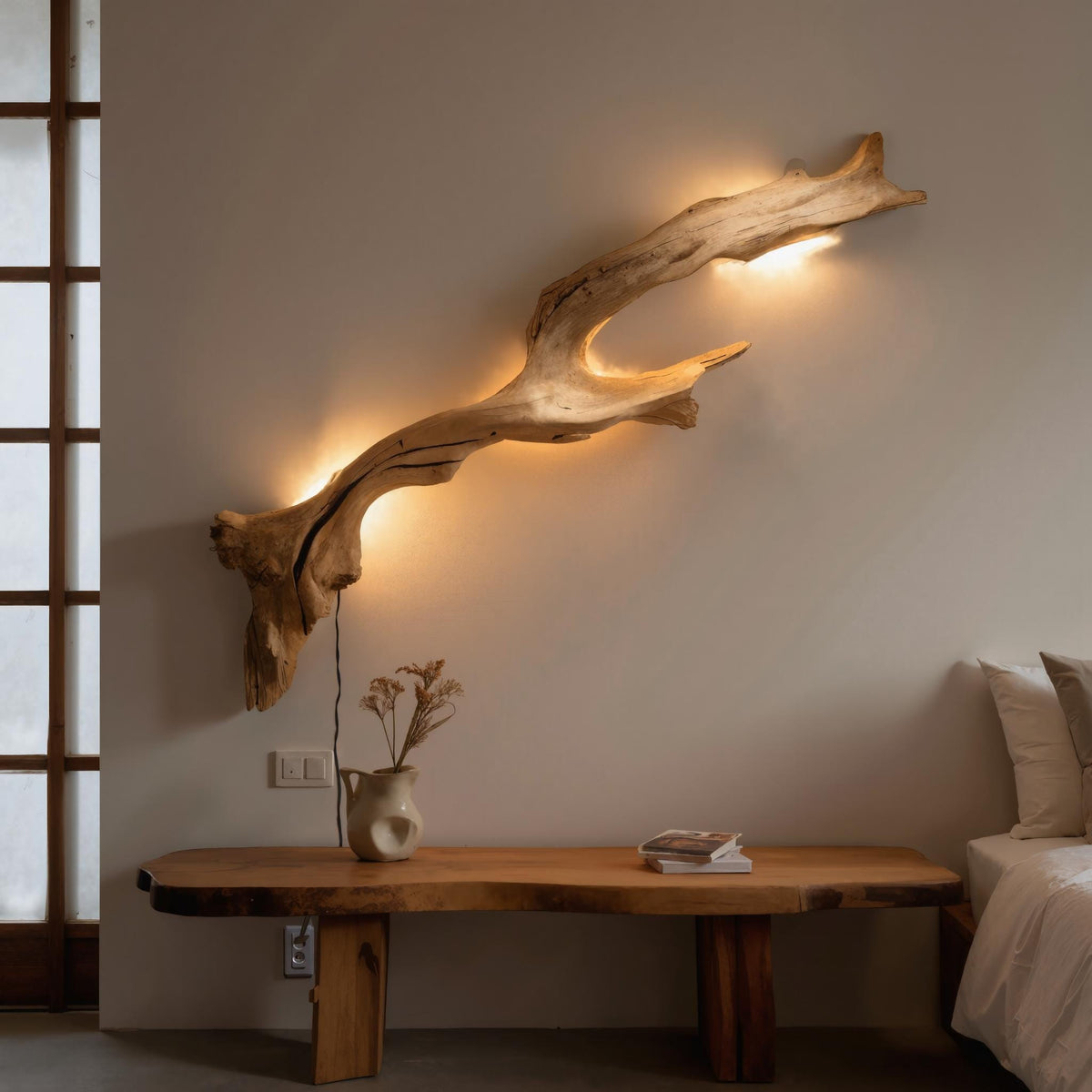 Driftwood Wall Lamp with Fabric Shade, Wide 39 to 59 Inch Fixture