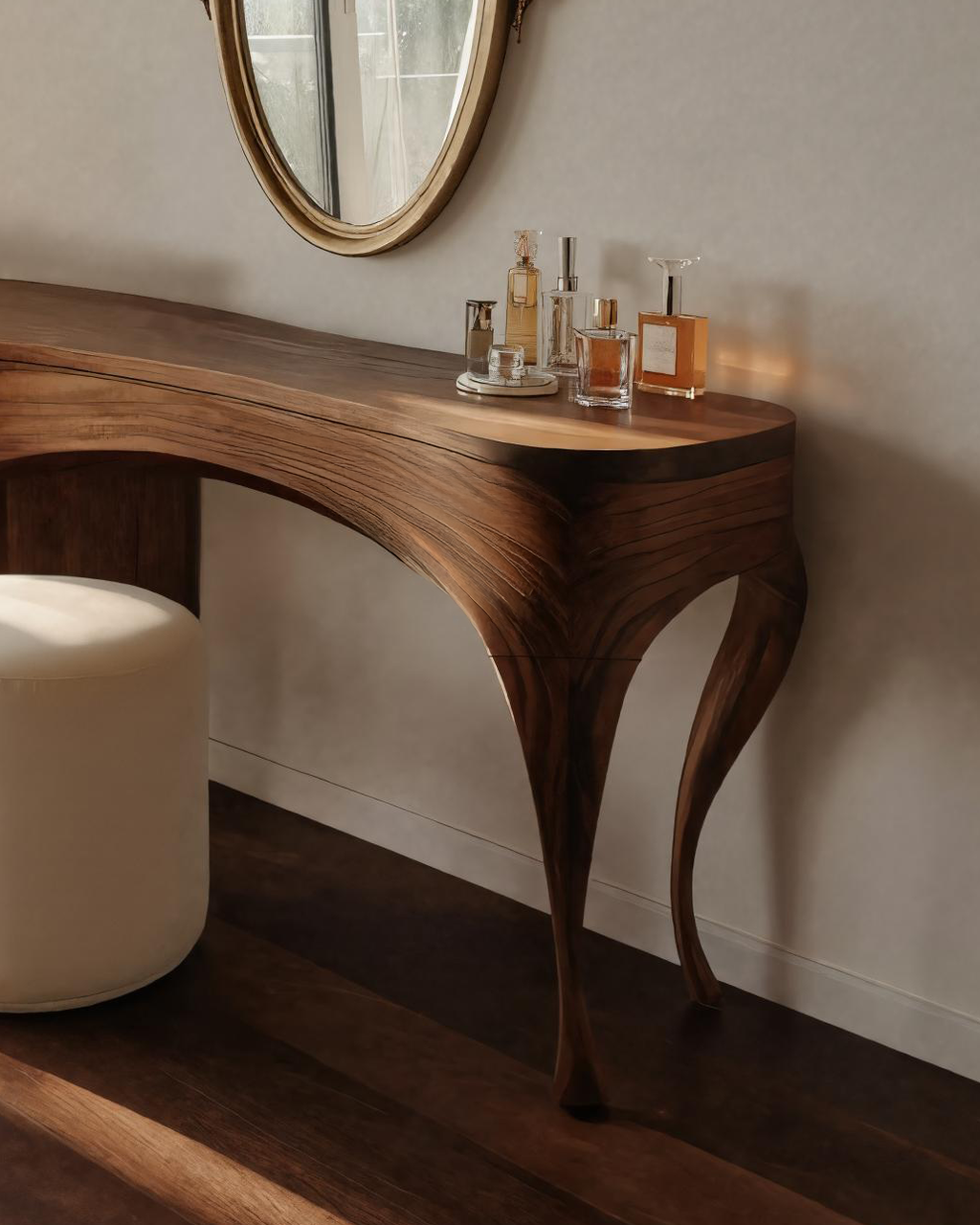 Handcrafted Wood Vanity Table With Sculptural Legs For Dressing Space