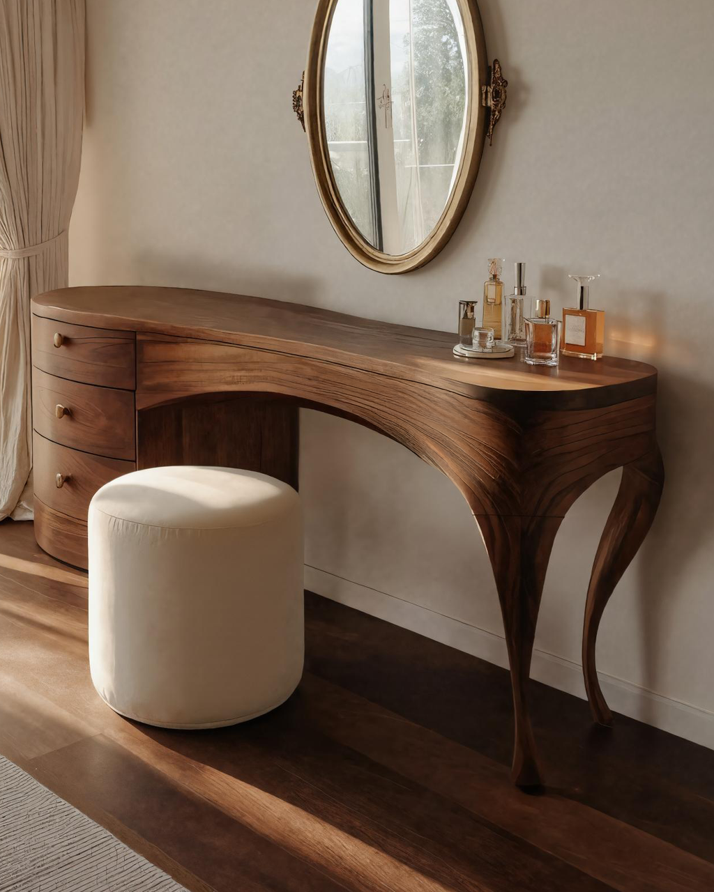 Handcrafted Wood Vanity Table With Sculptural Legs For Dressing Space