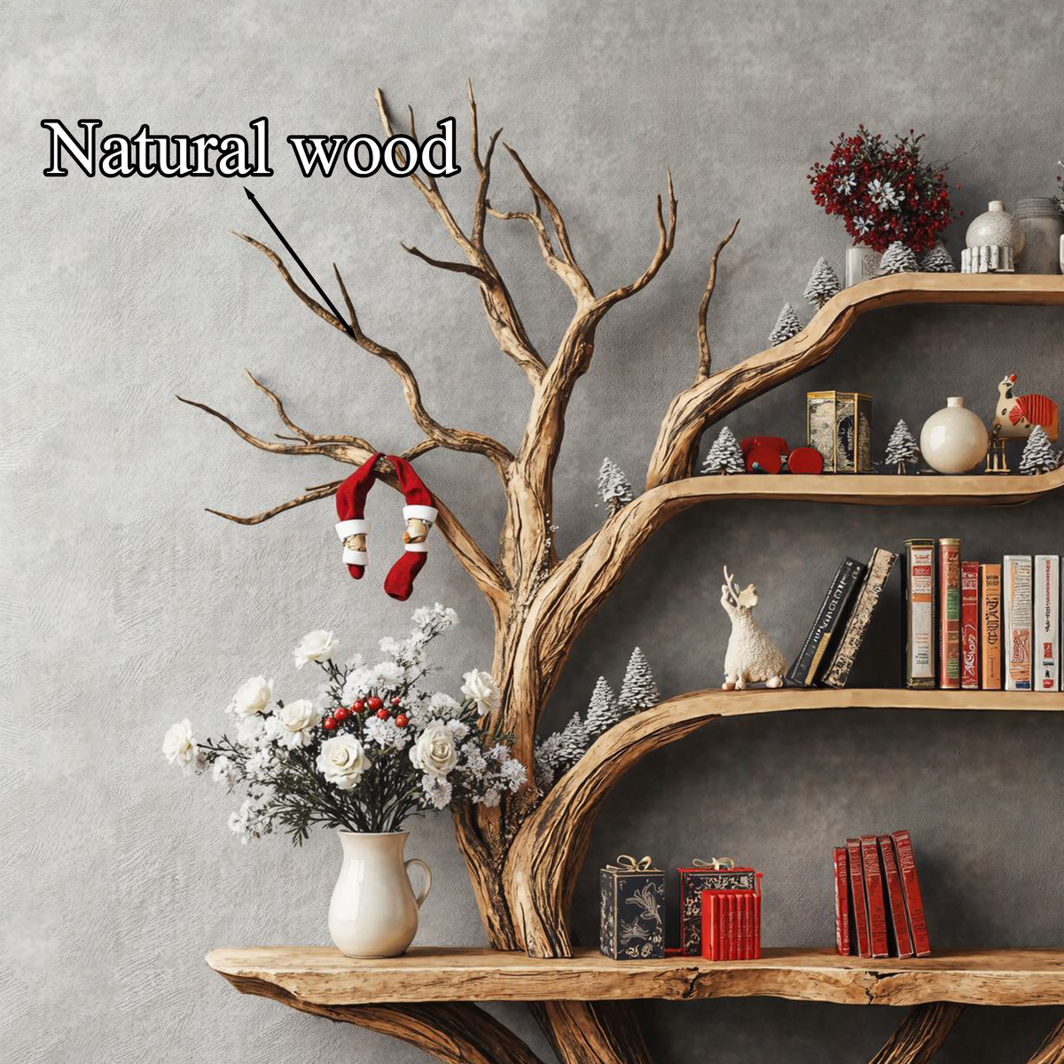 Narrow Floating Live Edge Console Table with Tree Branch Bookshelf