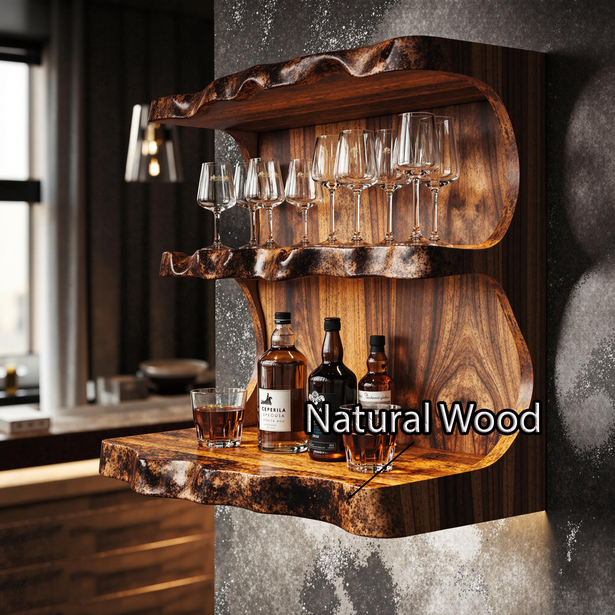 Sculpted Reclaimed Tamarind Wall Bar Shelf for Bottles, 47-65 in
