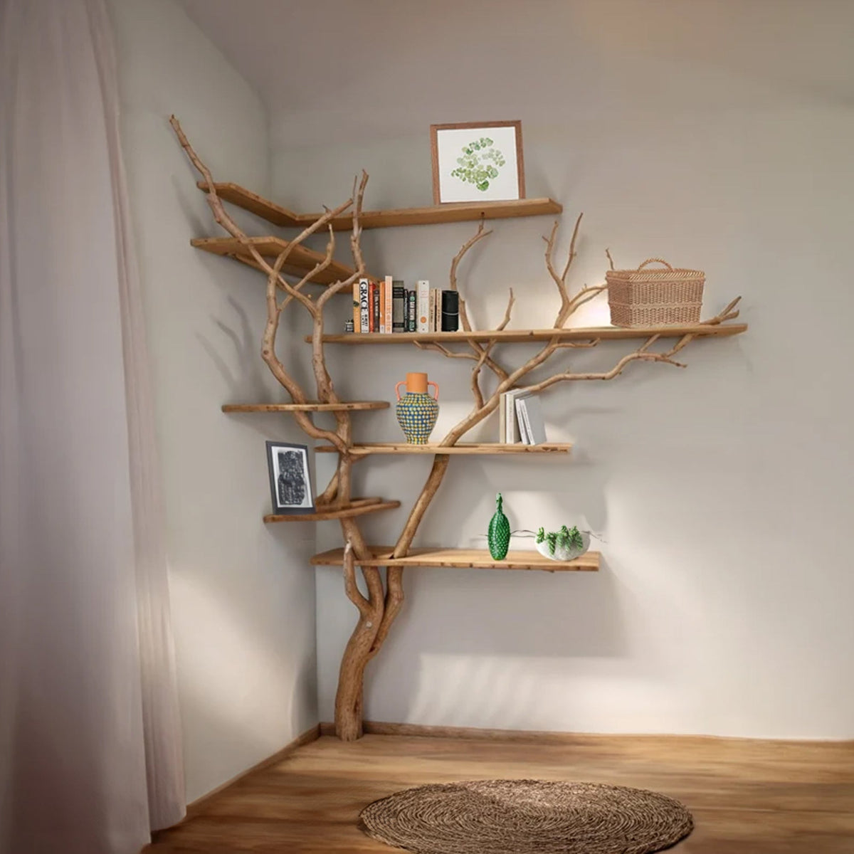 Tall Driftwood Branch Wall Bookcase, Live Edge Shelves, 80 x 50 in