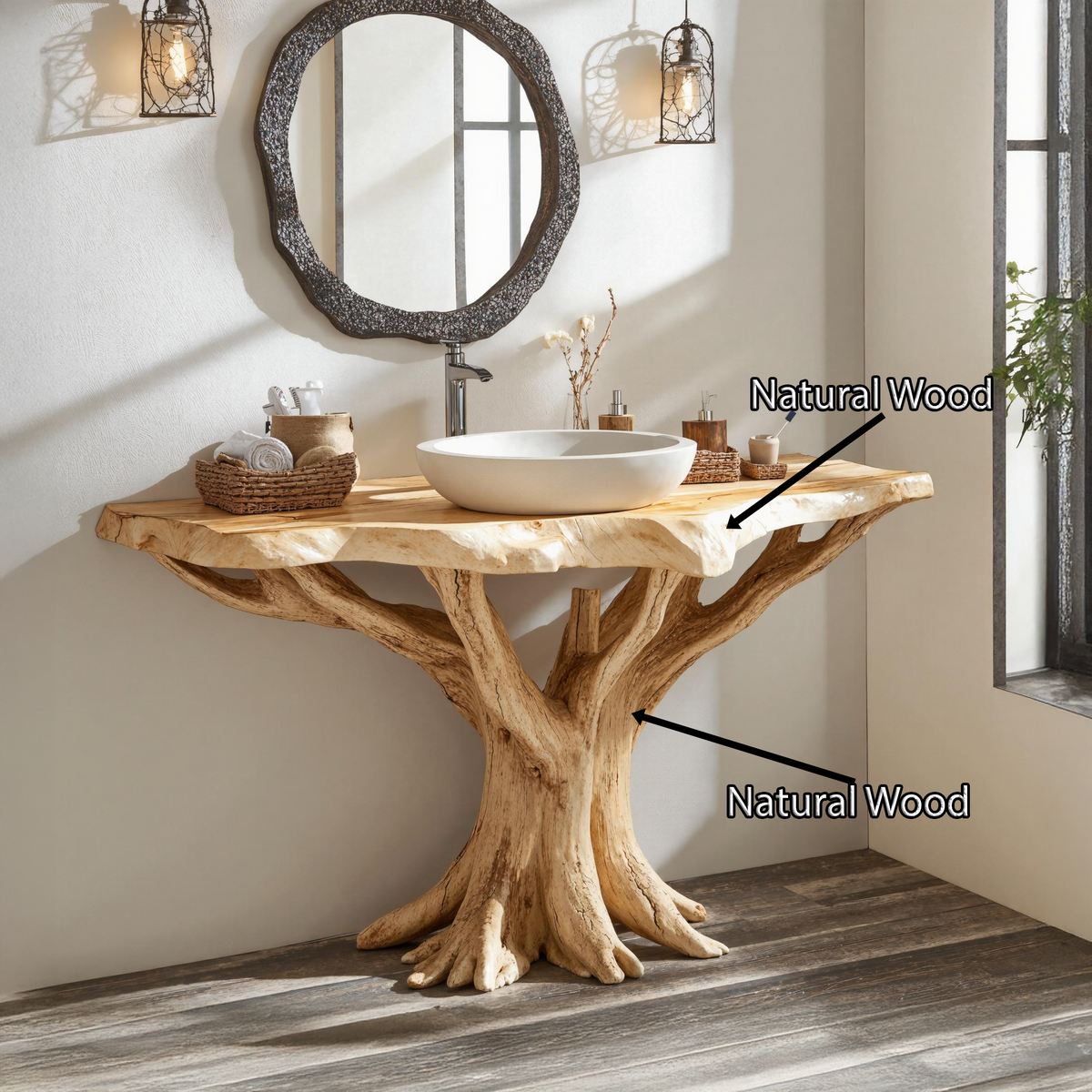 Live Edge Bathroom Vanity With Natural Tree Base, Rustic Wood