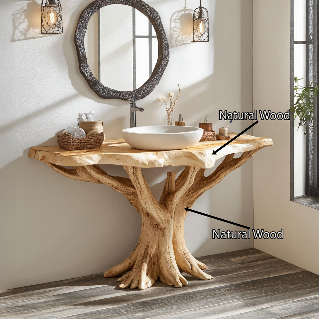 Live Edge Wood Vanity With Natural Tree Base For Eco Bathrooms
