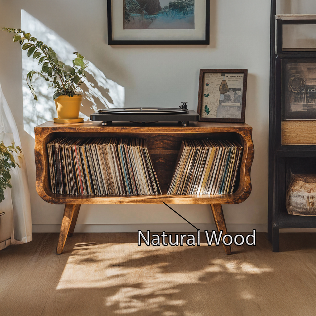 Rustic Brown Wood Turntable Console with Vinyl Space, 32-47 in
