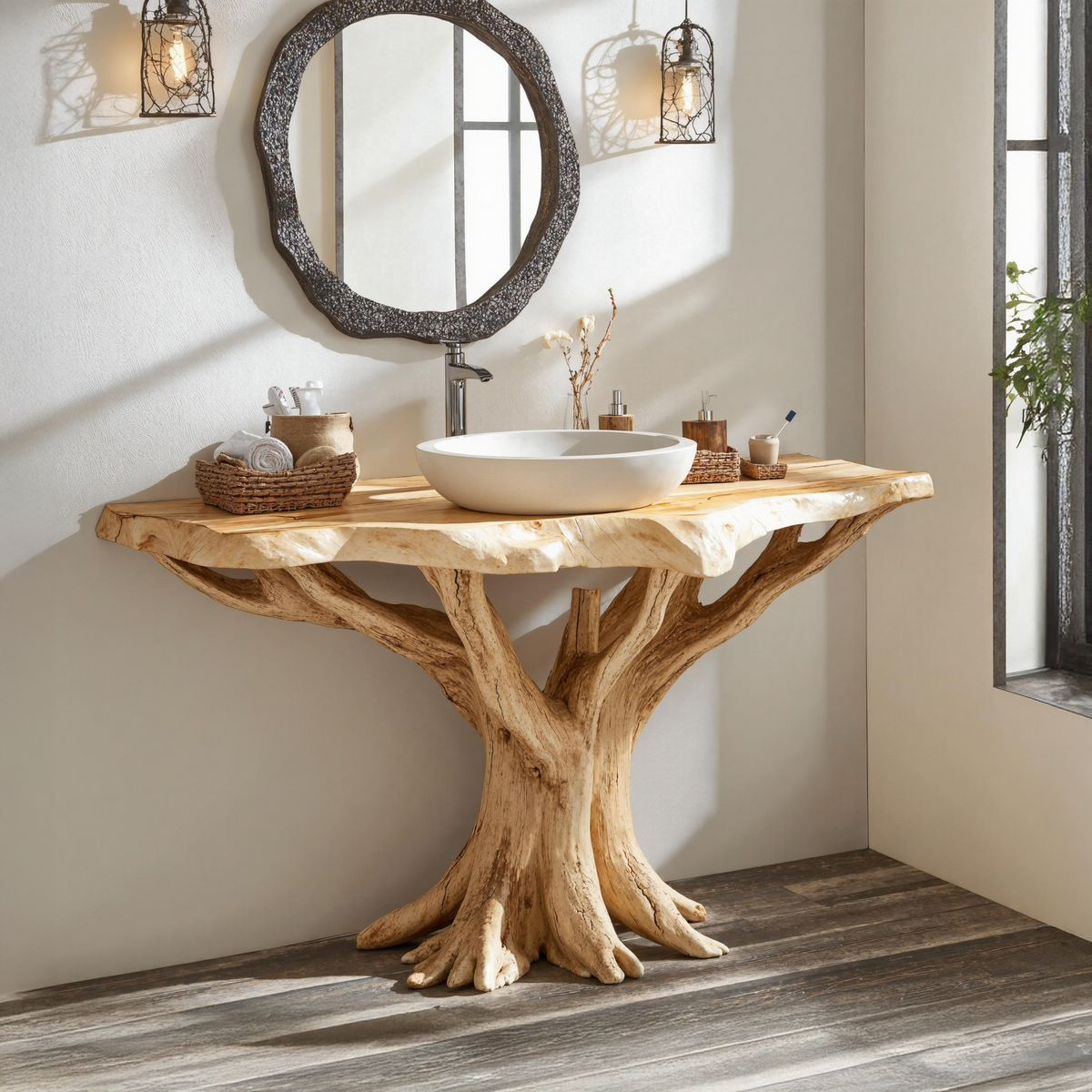 Live Edge Wood Vanity With Natural Tree Base For Eco Bathrooms