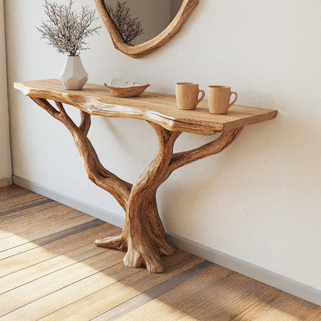 Organic Shape Wood Foyer Console Table, 40 To 71 Inch Wide