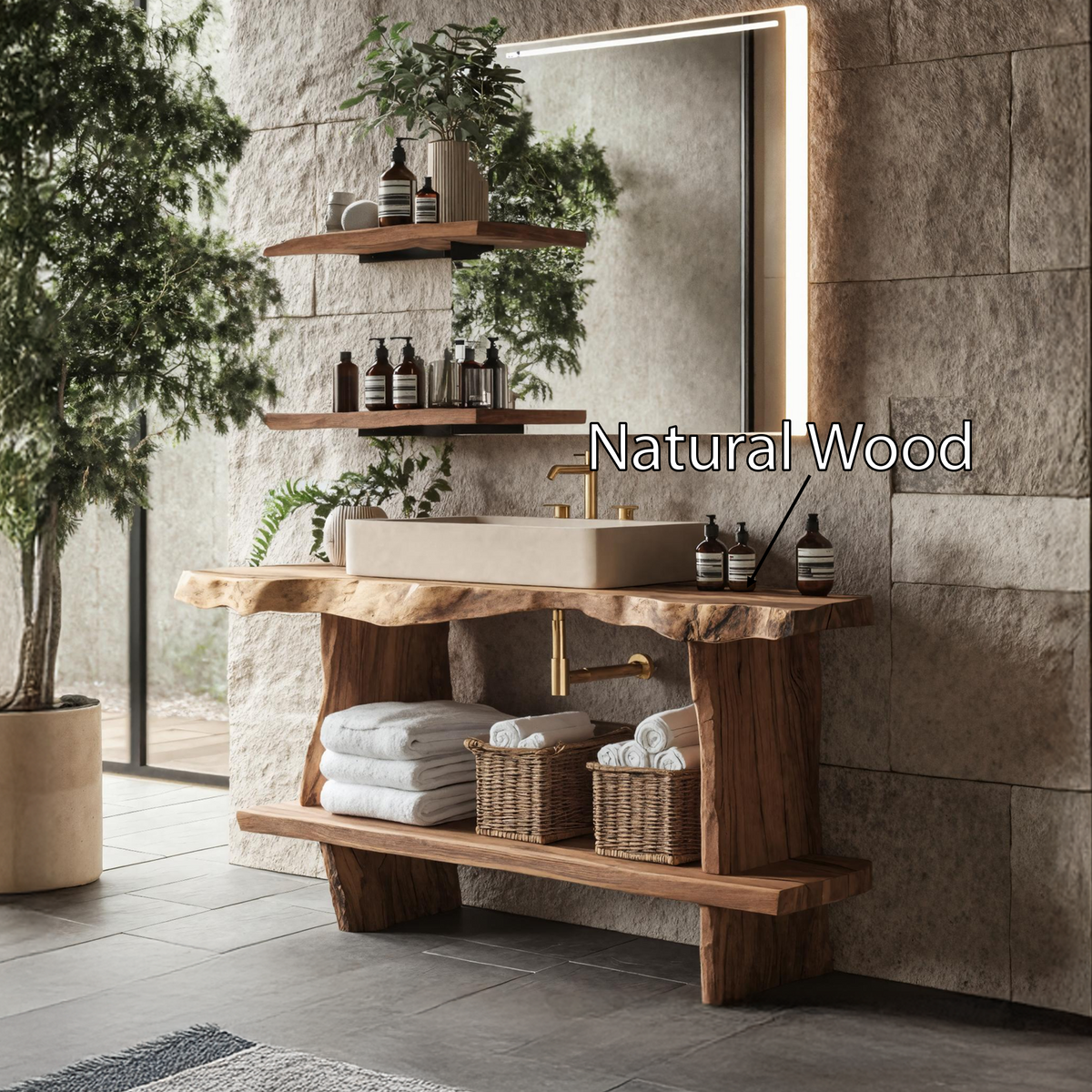 Live Edge Solid Wood Bathroom Vanity Cabinet, 30 To 80 Inch Wide