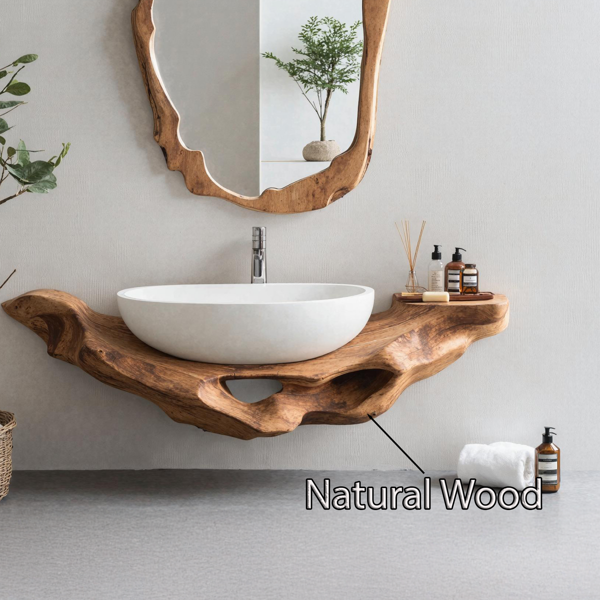 Slim 8 Inch Live Edge Wall Shelf Vanity for Vessel Sink, 16 to 39 In