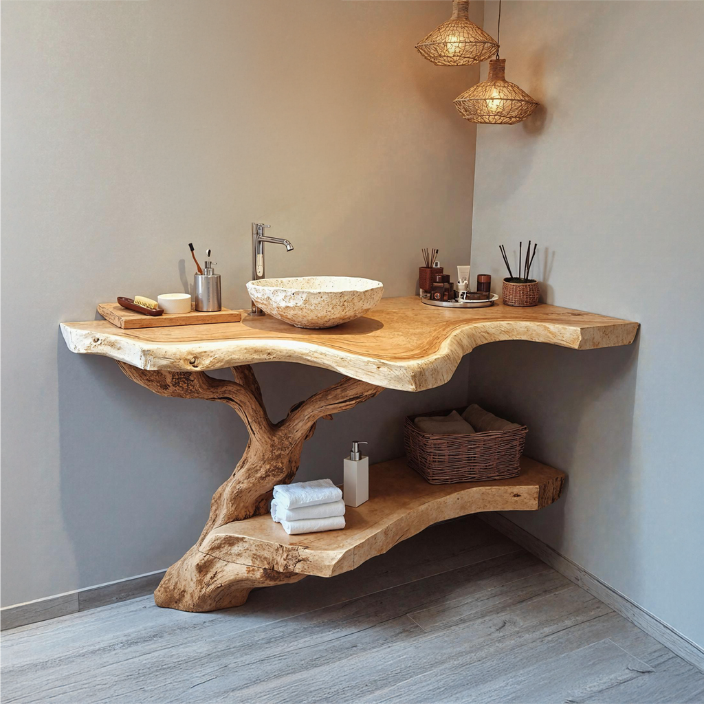 Bathroom Vanity, Mid Century Modern Live Edge Solid Wood Cabinet