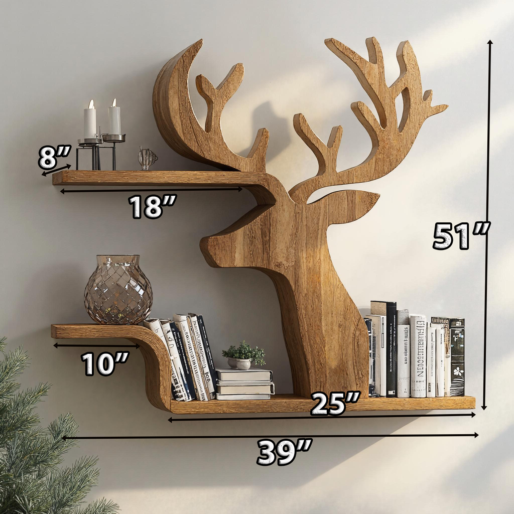 Deer Silhouette Wooden Wall Shelf For Cabin Decor, 45 To 65 Inch