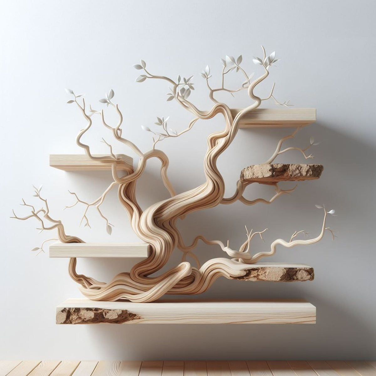 Natural Branch Wall Display with Live Edge Boards, 80 x 60 Inch
