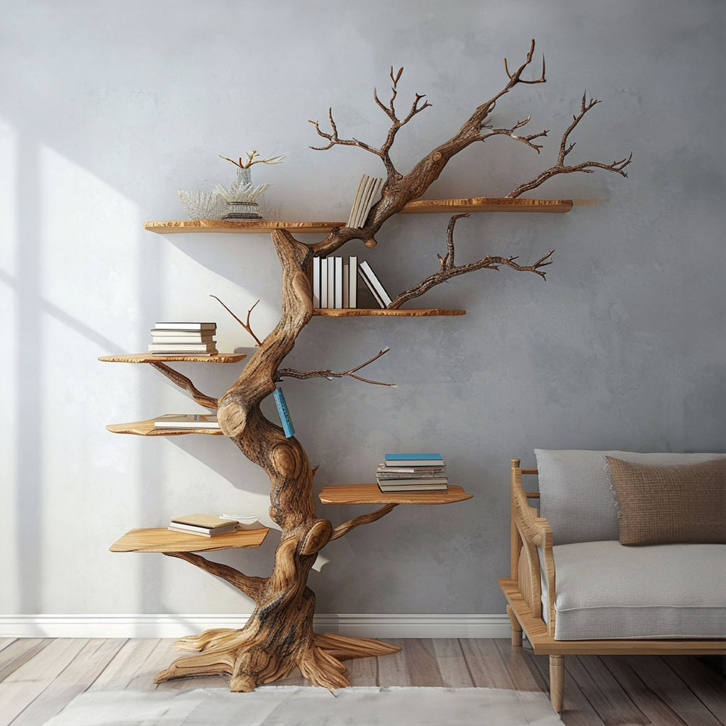 Large Branch Tree Wall Shelf with Live Edge Boards, 80 x 70 in