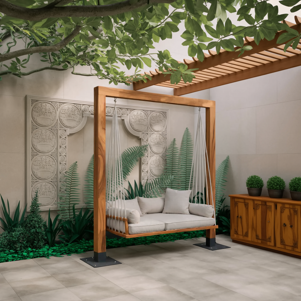 Freestanding Wood Frame Patio Swing Bed with Cotton Rope, 65-86 in