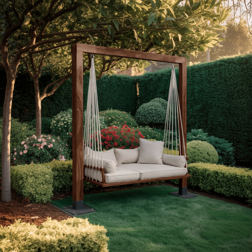 Freestanding Wood Frame Patio Swing Bed with Cotton Rope, 65-86 in