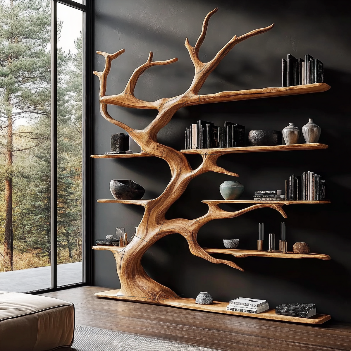 Branch Outline Wood Display Bookcase for Living Room, 60 x 70 in