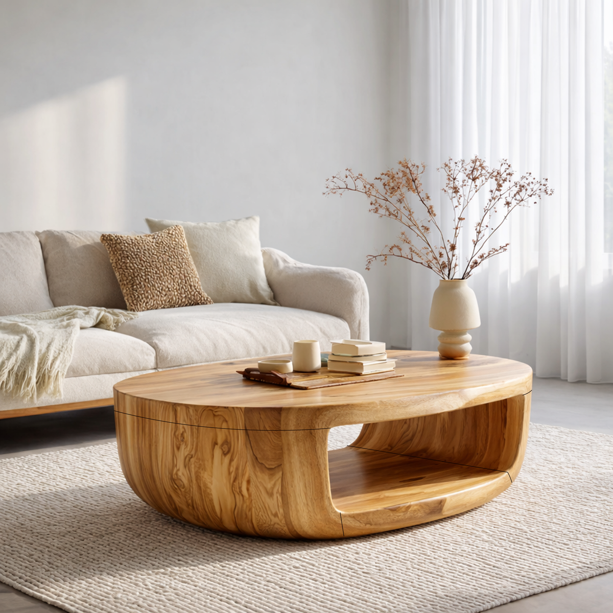 Shell Shaped Solid Tamarind Coffee Table, 22 To 42 Inch Wide
