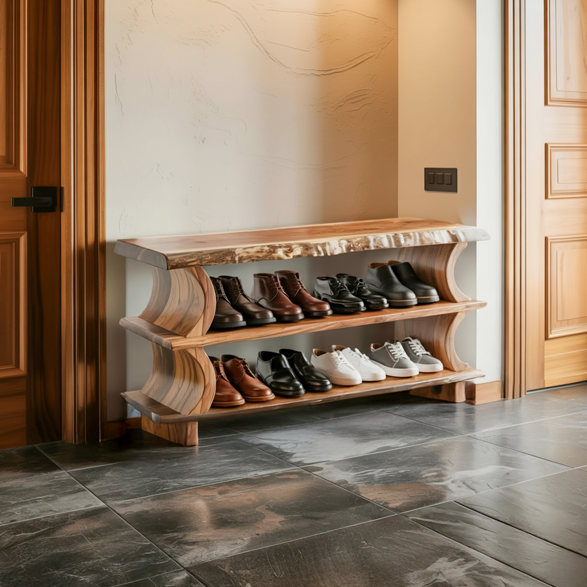 Wavy Solid Wood Shoe Rack Bench For Mudroom, 32 To 60 Inch