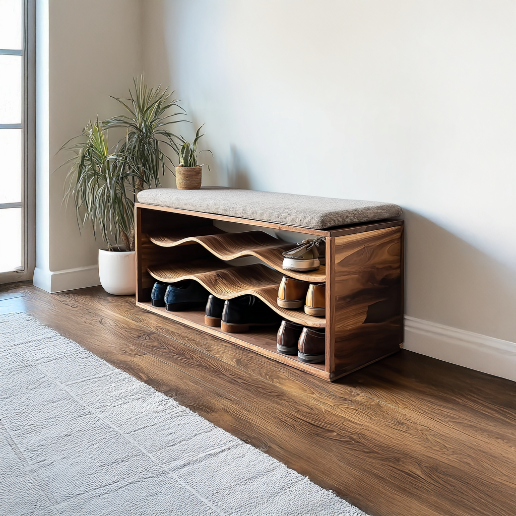Shoe Rack Bench, Mid Century Solid Wood Entryway Storage Bench