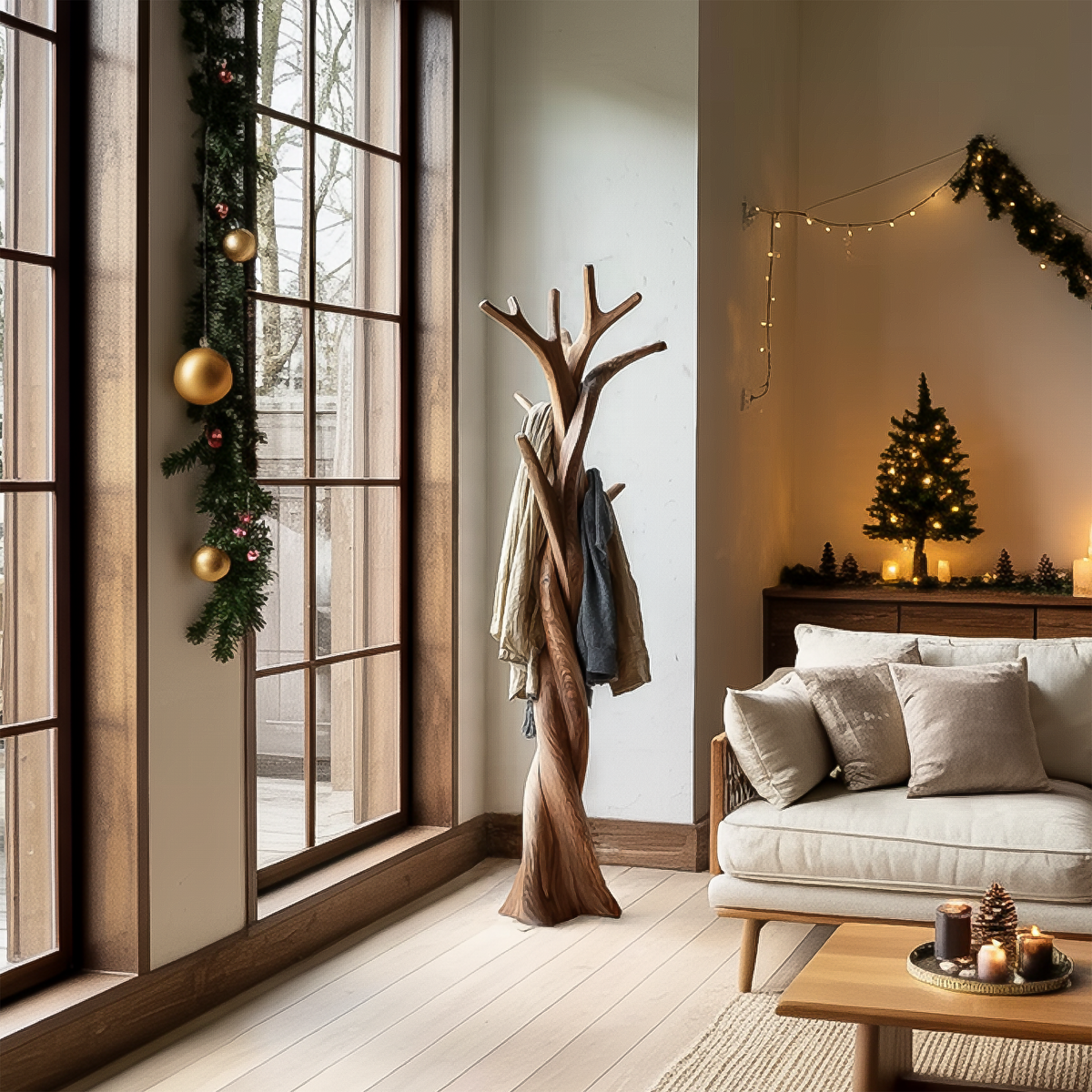 Spiral Trunk Wood Hall Tree with Branch Hooks, 60 to 80 in Tall