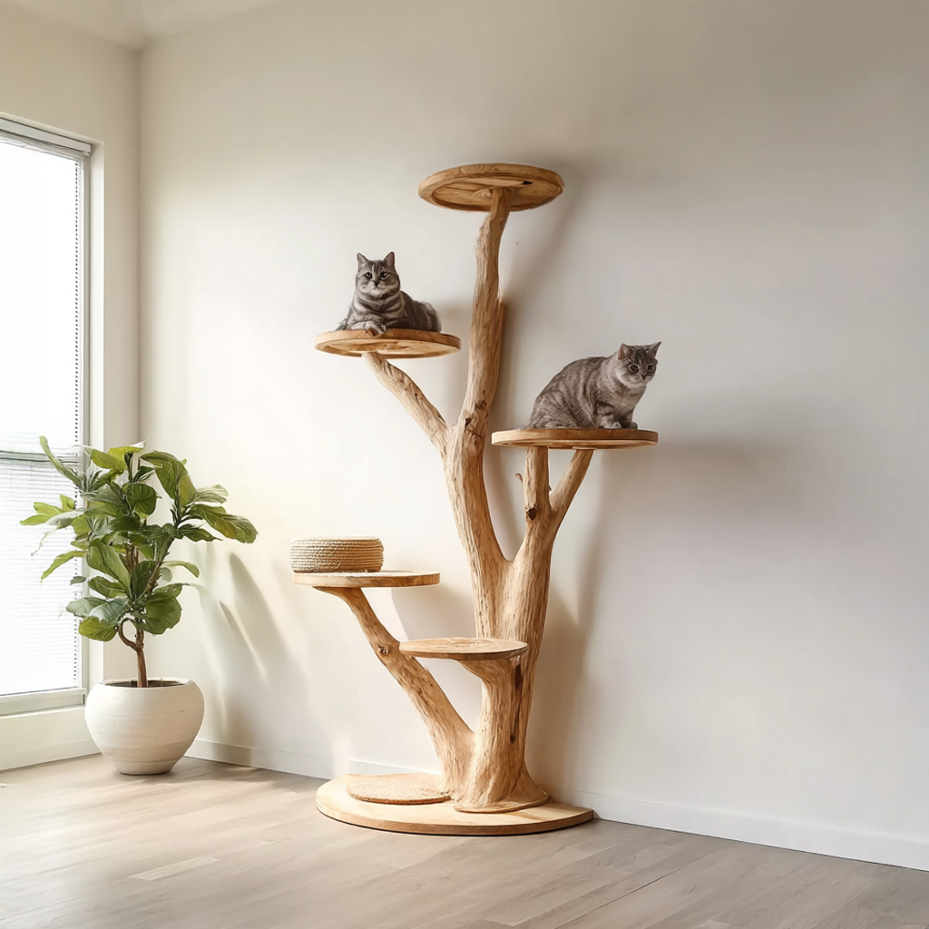 Tree-Shaped Wood Cat Climbing Tower with Branch Perches, 59-80 in