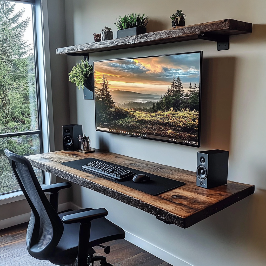 Floating Shelf Desk, Rustic Solid Wood Wall Mounted Ledge