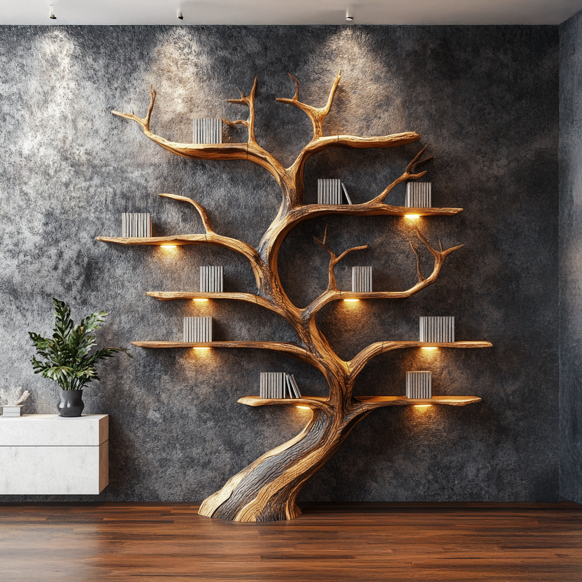Weathered Branch Wall Bookshelf, 70 x 60 Inch Rustic Floating Display