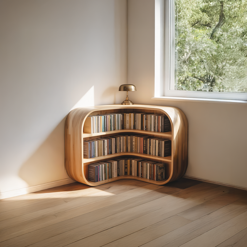 Curved Cubby Corner Bookcase in Natural Wood, 35 or 45 in Tall