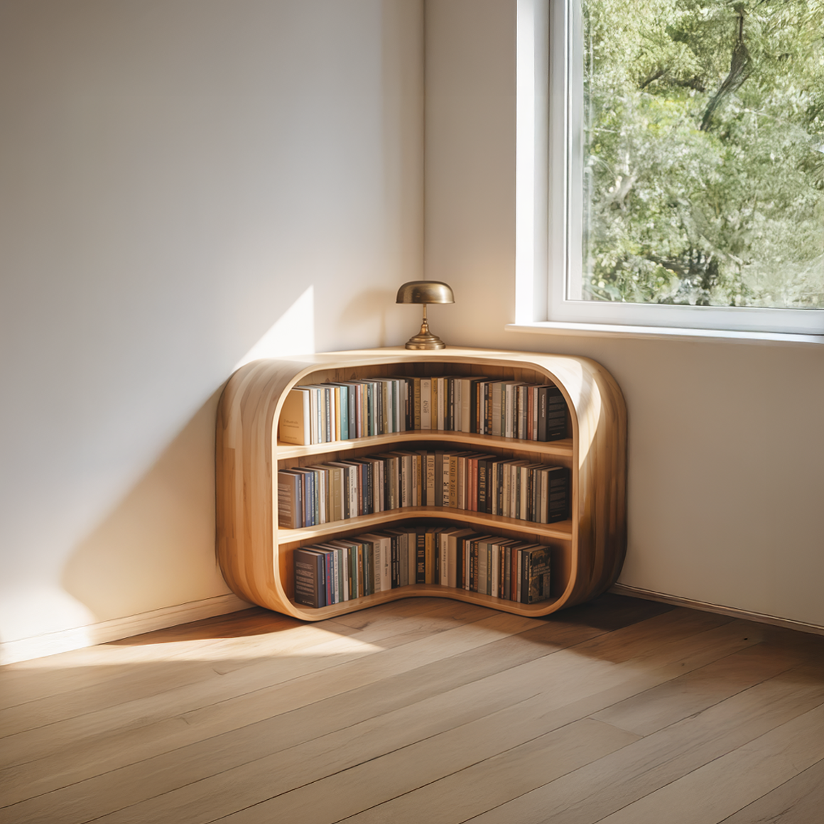Curved Cubby Corner Bookcase in Natural Wood, 35 or 45 in Tall
