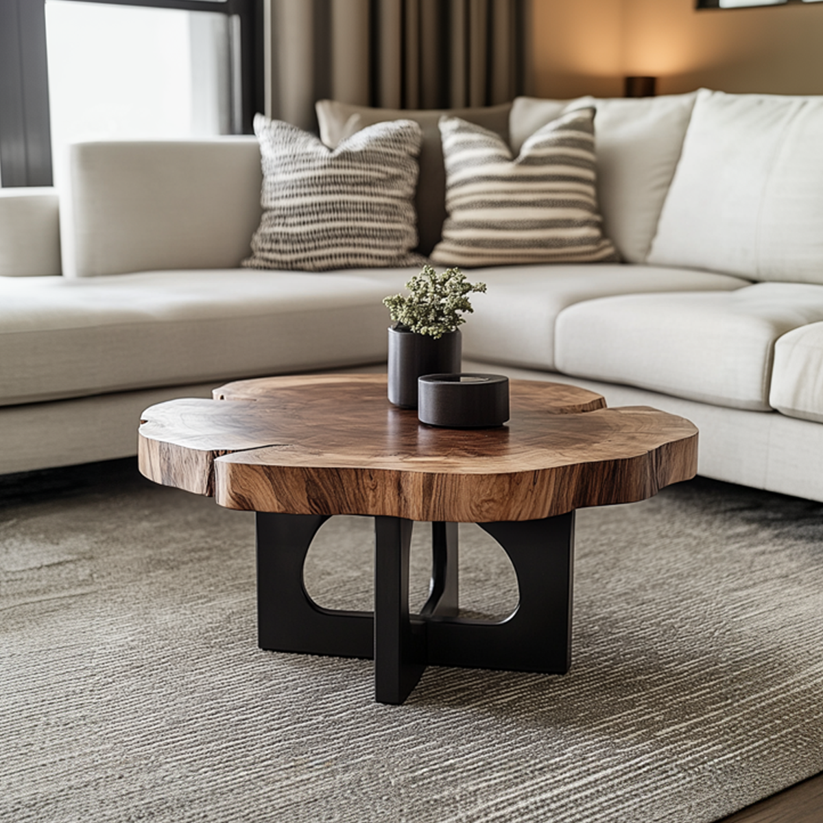 Live Edge Coffee Table, Solid Hardwood Slab with Black Sculptural Base