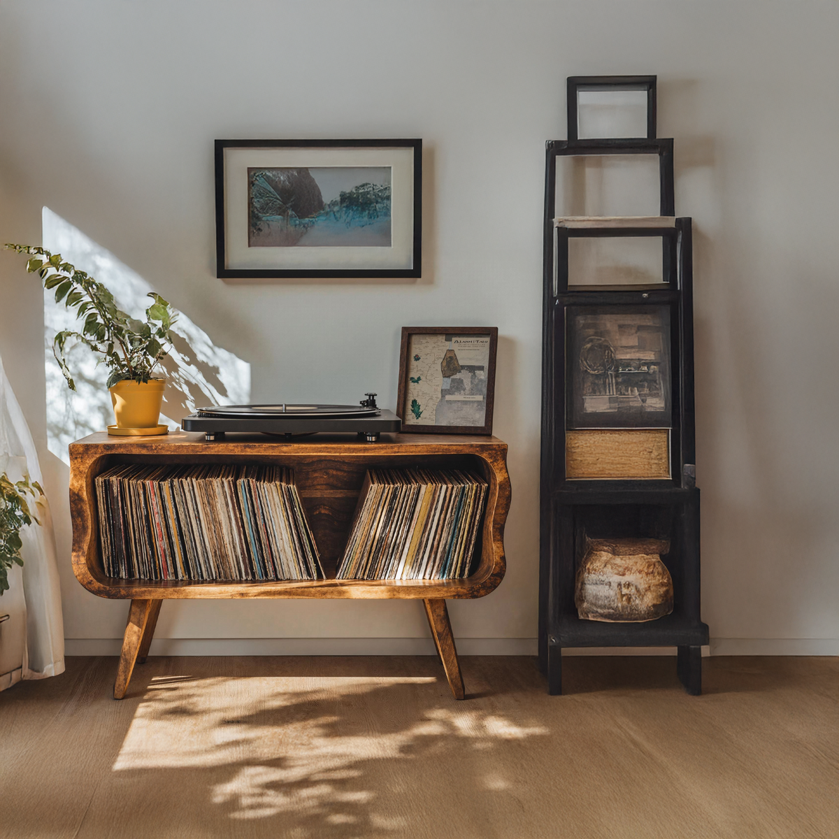 Rustic Natural Wood Record Player Stand in Minimalist Style