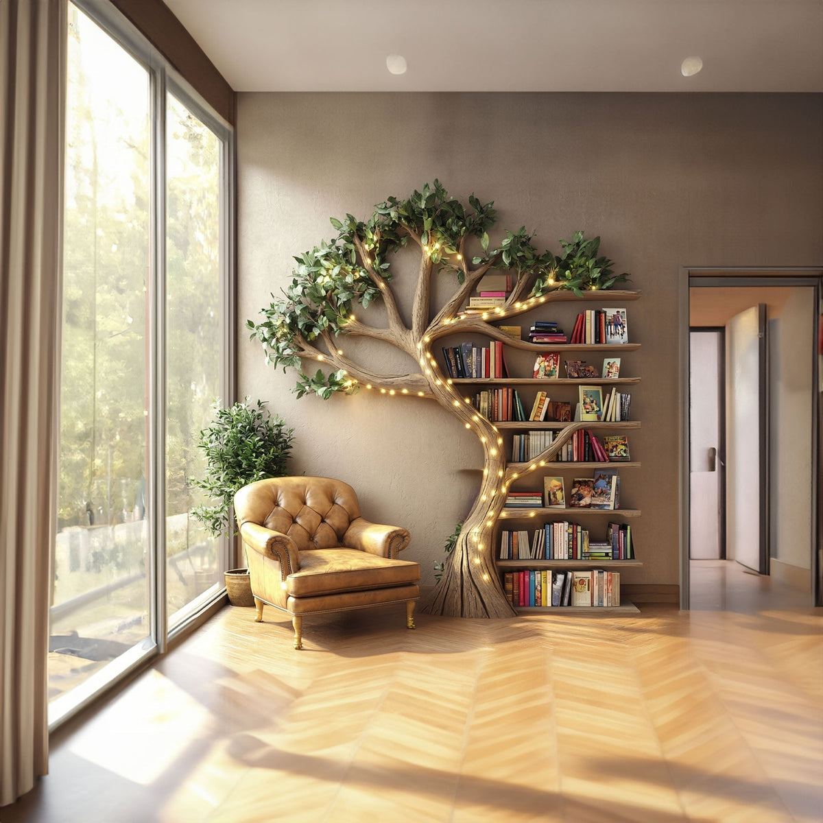 Brown Branch Wall Bookshelf with Floating Shelves, 70 x 60 Inch