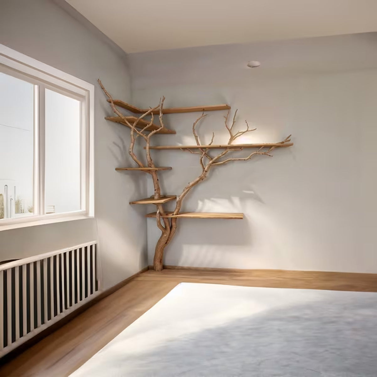 Tall Driftwood Branch Wall Bookcase, Live Edge Shelves, 80 x 50 in